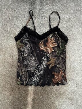 Camo Lace Trim Spaghetti Strap Tank Top - Black/Green/Brown
